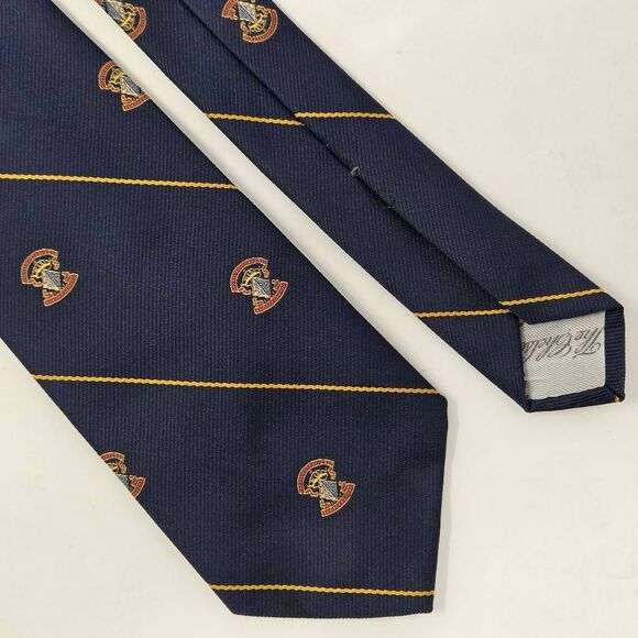 WM CHELSEA LTD SILK TIE NAVY BLUE GOLD REPP STRIPE CREST SHIELD 3.25" X 56" - Picture 1 of 4